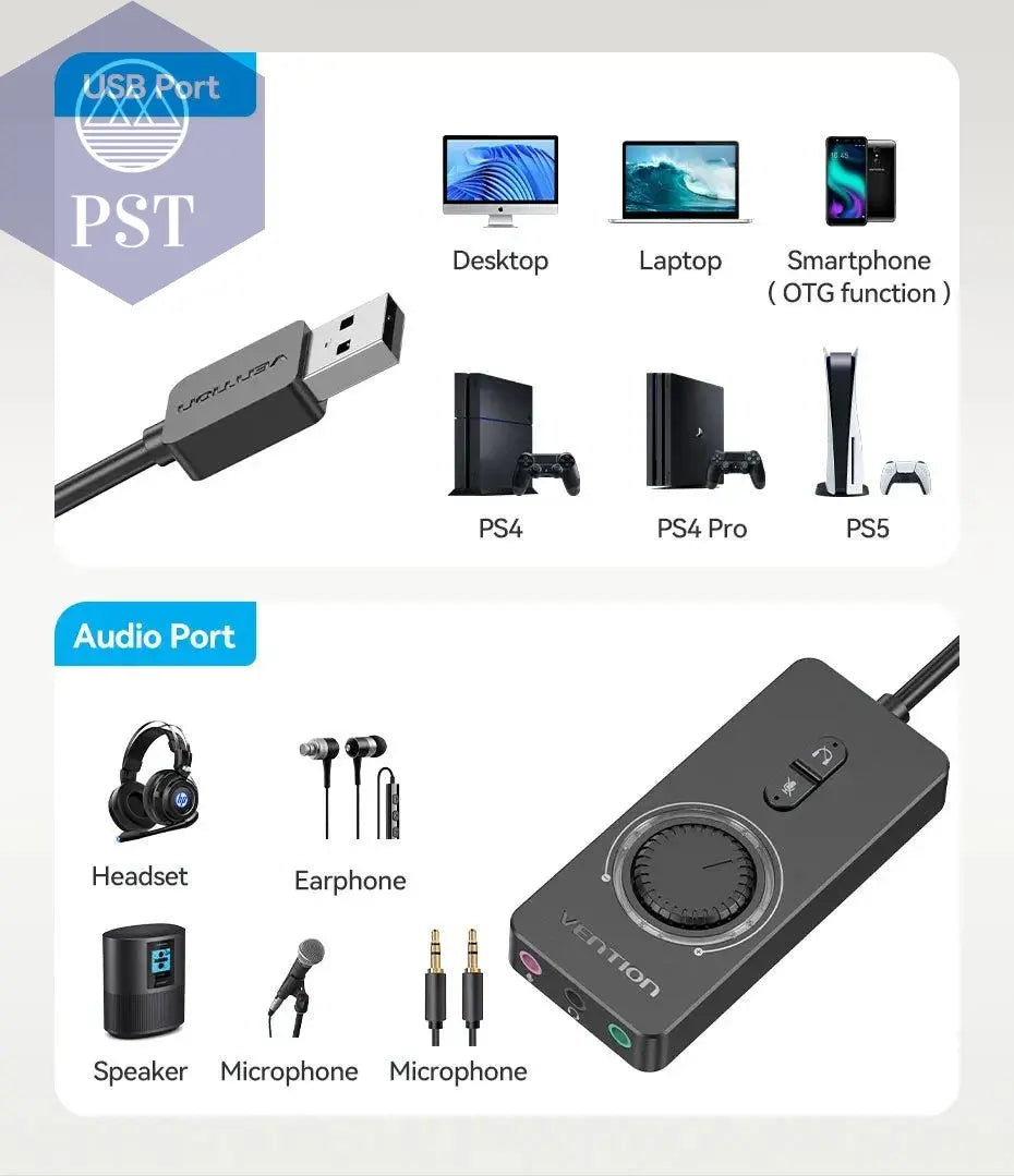 Vention USB External Sound Card USB to 3.5mm Audio Adapter USB to Earphone Microphone for Macbook Computer Laptop PS4 Sound Card PST PS Tradings