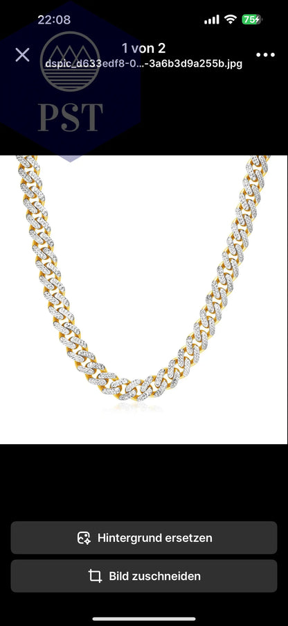 14k Gold Kette Karabin Miami Dubai Bling Two Tone Gold Cuban Chain Necklace with White Pave  Kette in Gelbgold     PST PS Tradings