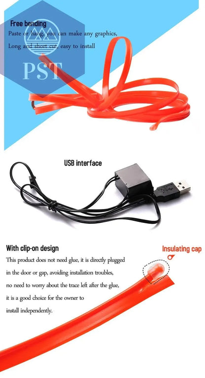 5m Car Interior Accessories Atmosphere Lamp EL Cold Light Line With USB DIY Decorative Dashboard Console Auto LED Ambient Lights - PST PS Tradings