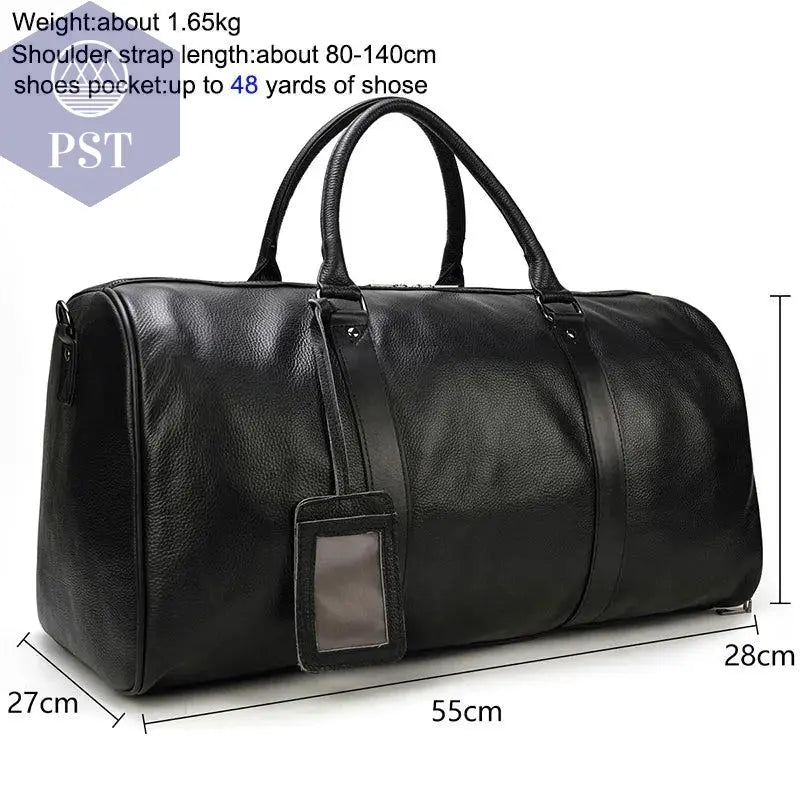 Big Capacity Genuine Leather Travel Bag For Men Women Soft Black Cowhide Casual Travel Duffel Large Luggage Weekend Shoulder Bag - PST PS Tradings  PST PS Tradings