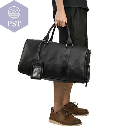 Big Capacity Genuine Leather Travel Bag For Men Women Soft Black Cowhide Casual Travel Duffel Large Luggage Weekend Shoulder Bag - PST PS Tradings  PST PS Tradings
