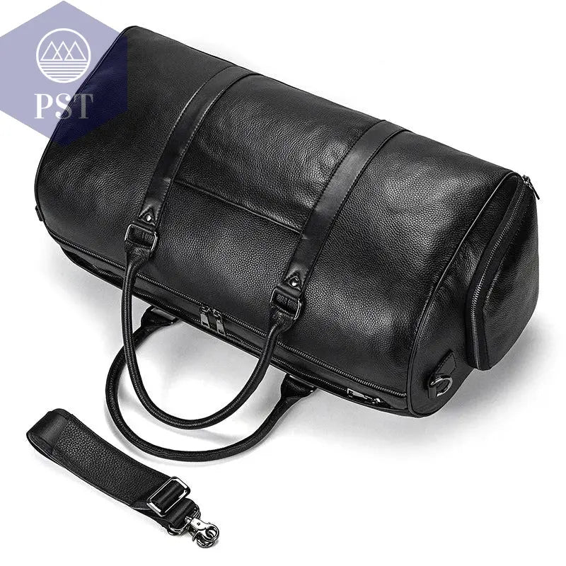 Big Capacity Genuine Leather Travel Bag For Men Women Soft Black Cowhide Casual Travel Duffel Large Luggage Weekend Shoulder Bag - PST PS Tradings  PST PS Tradings