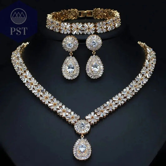 CWWZircons Exklusive Dubai Gold Plate Schmuck Luxus Zirkonia Halskette Ohrring Armband Partei Schmuck-Set für Frauen T053       PST PS Tradings
