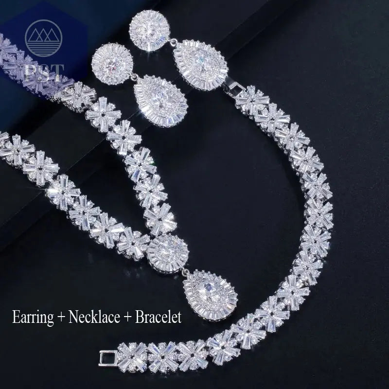 CWWZircons Exklusive Dubai Gold Plate Schmuck Luxus Zirkonia Halskette Ohrring Armband Partei Schmuck-Set für Frauen T053       PST PS Tradings