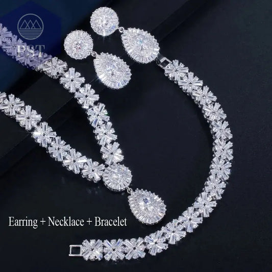 CWWZircons Exklusive Dubai Gold Plate Schmuck Luxus Zirkonia Halskette Ohrring Armband Partei Schmuck-Set für Frauen T053       PST PS Tradings