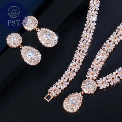 CWWZircons Exklusive Dubai Gold Plate Schmuck Luxus Zirkonia Halskette Ohrring Armband Partei Schmuck-Set für Frauen T053       PST PS Tradings