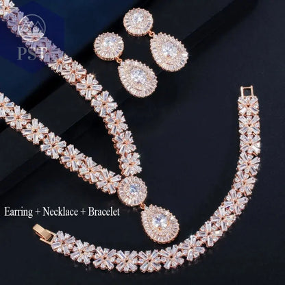 CWWZircons Exklusive Dubai Gold Plate Schmuck Luxus Zirkonia Halskette Ohrring Armband Partei Schmuck-Set für Frauen T053       PST PS Tradings