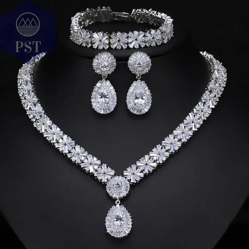 CWWZircons Exklusive Dubai Gold Plate Schmuck Luxus Zirkonia Halskette Ohrring Armband Partei Schmuck-Set für Frauen T053       PST PS Tradings