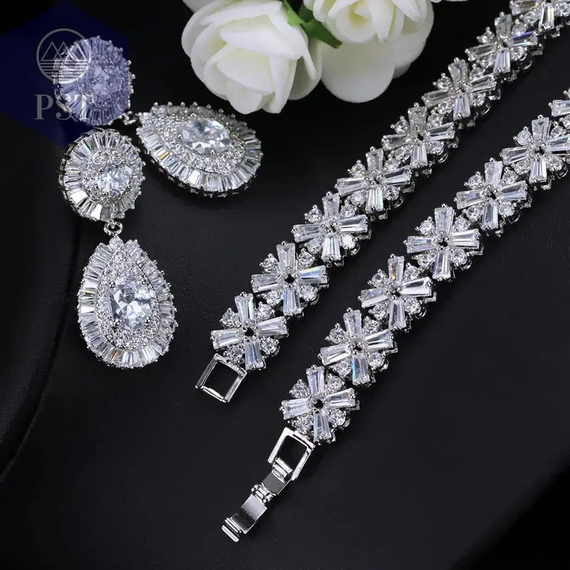 CWWZircons Exklusive Dubai Gold Plate Schmuck Luxus Zirkonia Halskette Ohrring Armband Partei Schmuck-Set für Frauen T053       PST PS Tradings