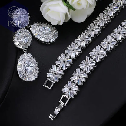 CWWZircons Exklusive Dubai Gold Plate Schmuck Luxus Zirkonia Halskette Ohrring Armband Partei Schmuck-Set für Frauen T053       PST PS Tradings