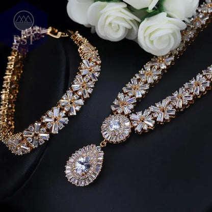 CWWZircons Exklusive Dubai Gold Plate Schmuck Luxus Zirkonia Halskette Ohrring Armband Partei Schmuck-Set für Frauen T053       PST PS Tradings