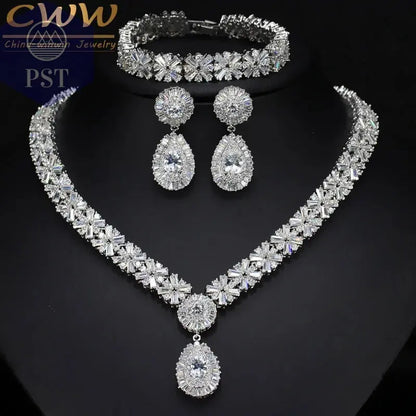 CWWZircons Exklusive Dubai Gold Plate Schmuck Luxus Zirkonia Halskette Ohrring Armband Partei Schmuck-Set für Frauen T053       PST PS Tradings