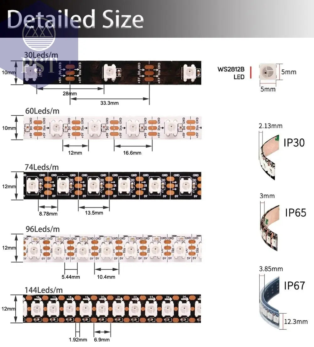 DC5V WS2812B Individually Addressable 5050 RGB Led Strip WS2812 Smart Pixels Led Light Black White PCB Waterproof IP30/65/67       PST PS Tradings