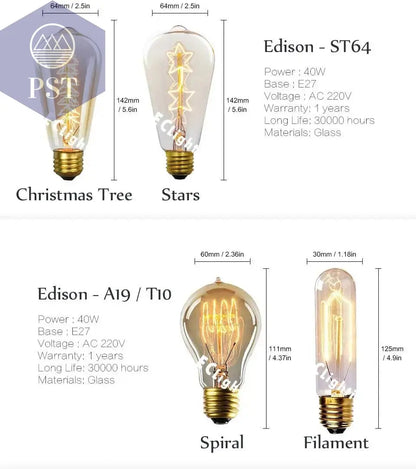 Edison Bulb E27 220V 40W ST64 A19 T45 G80 G95 G125 Incandescent Filament Bulb Lighting Retro Edison Light Bulb       PST PS Tradings