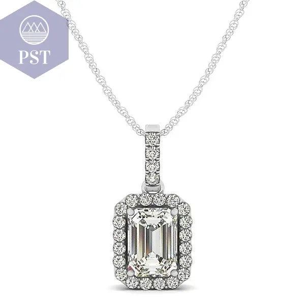 Halo Pendant With Emerald Center Diamond in 14k White Gold (1 1/5 cttw)  Anhänger mit Kette in Weißgold mit Diamant Schmuck     PST PS Tradings