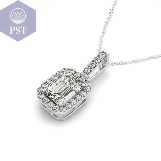 Halo Pendant With Emerald Center Diamond in 14k White Gold (1 1/5 cttw)  Anhänger mit Kette in Weißgold mit Diamant Schmuck     PST PS Tradings