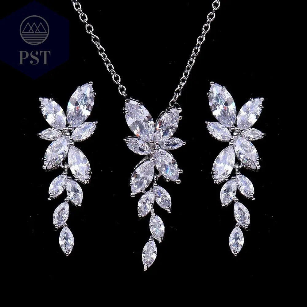 LXOEN Marquise Cut Flower Zirconia Crystal Long Drop Earrings for Women Shiny Leaf CZ Stone Bridal Wedding Jewelry - PST PS Tradings