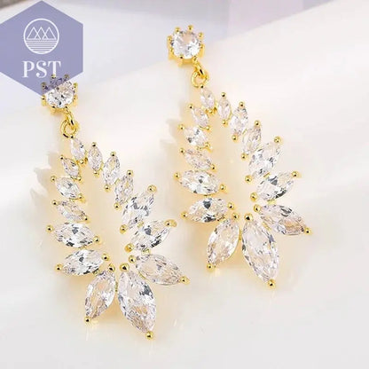 LXOEN Marquise Cut Flower Zirconia Crystal Long Drop Earrings for Women Shiny Leaf CZ Stone Bridal Wedding Jewelry - PST PS Tradings