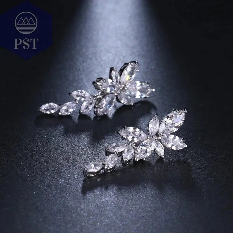 LXOEN Marquise Cut Flower Zirconia Crystal Long Drop Earrings for Women Shiny Leaf CZ Stone Bridal Wedding Jewelry - PST PS Tradings