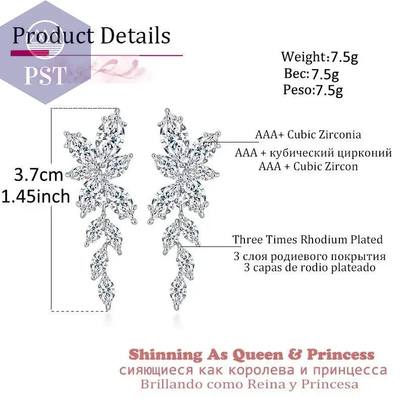 LXOEN Marquise Cut Flower Zirconia Crystal Long Drop Earrings for Women Shiny Leaf CZ Stone Bridal Wedding Jewelry - PST PS Tradings