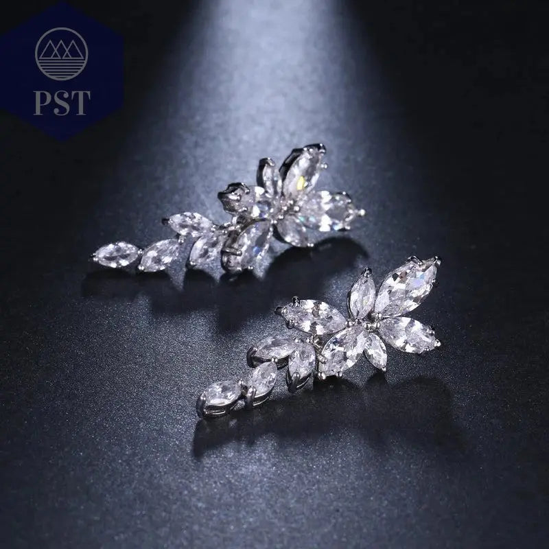 LXOEN Marquise Cut Flower Zirconia Crystal Long Drop Earrings for Women Shiny Leaf CZ Stone Bridal Wedding Jewelry - PST PS Tradings