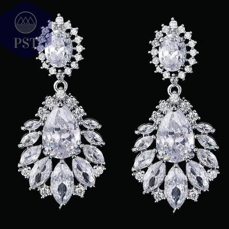 LXOEN Marquise Cut Flower Zirconia Crystal Long Drop Earrings for Women Shiny Leaf CZ Stone Bridal Wedding Jewelry - PST PS Tradings
