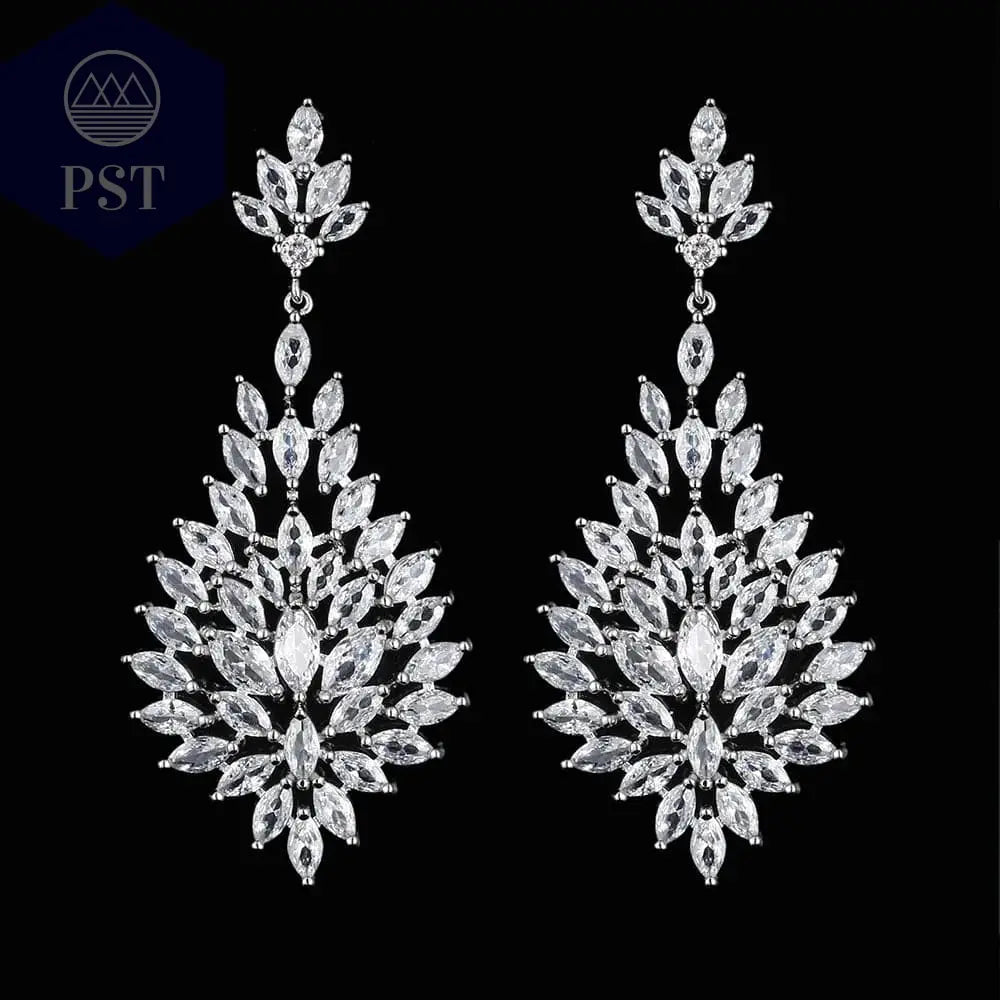 LXOEN Marquise Cut Flower Zirconia Crystal Long Drop Earrings for Women Shiny Leaf CZ Stone Bridal Wedding Jewelry - PST PS Tradings