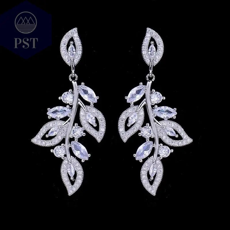 LXOEN Marquise Cut Flower Zirconia Crystal Long Drop Earrings for Women Shiny Leaf CZ Stone Bridal Wedding Jewelry - PST PS Tradings