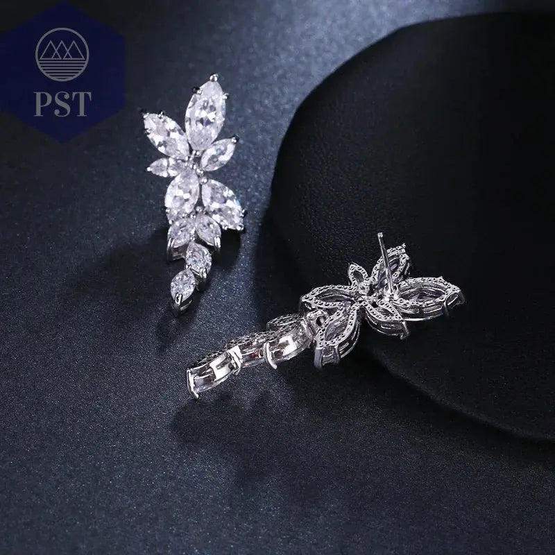 LXOEN Marquise Cut Flower Zirconia Crystal Long Drop Earrings for Women Shiny Leaf CZ Stone Bridal Wedding Jewelry       PST PS Tradings