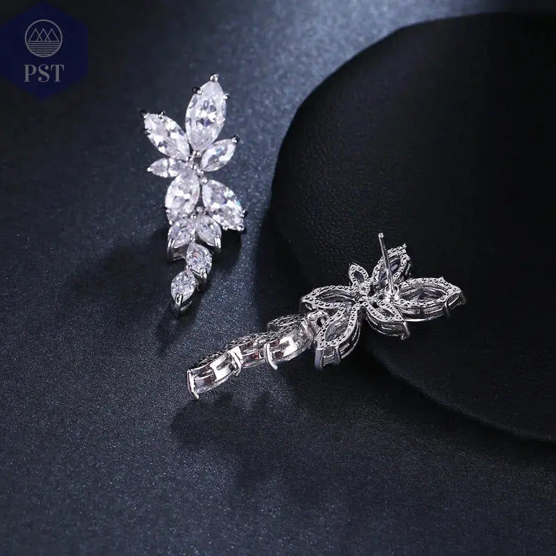 LXOEN Marquise Cut Flower Zirconia Crystal Long Drop Earrings for Women Shiny Leaf CZ Stone Bridal Wedding Jewelry       PST PS Tradings