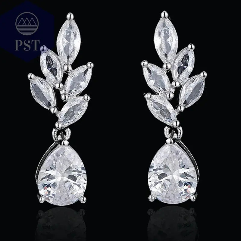 LXOEN Marquise Cut Flower Zirconia Crystal Long Drop Earrings for Women Shiny Leaf CZ Stone Bridal Wedding Jewelry       PST PS Tradings