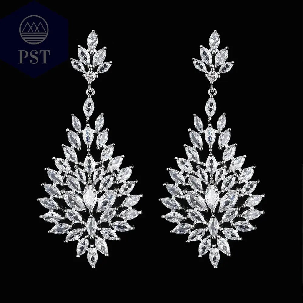 LXOEN Marquise Cut Flower Zirconia Crystal Long Drop Earrings for Women Shiny Leaf CZ Stone Bridal Wedding Jewelry       PST PS Tradings