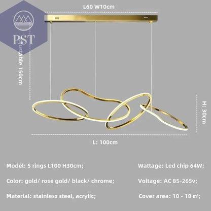 Luxuriöse Dimmbare Pendelleuchte Esstisch Leuchter Wohnzimmer Beleuchtung PST PS Tradings Pendelleuchte PST PS Tradings gold-in-stock-4-ring-L100cm-64W-warm-light-3000K PST PS Tradings