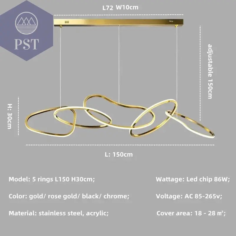 Luxuriöse Dimmbare Pendelleuchte Esstisch Leuchter Wohnzimmer Beleuchtung PST PS Tradings Pendelleuchte PST PS Tradings gold-in-stock-5-ring-L150cm-86W-warm-light-3000K PST PS Tradings