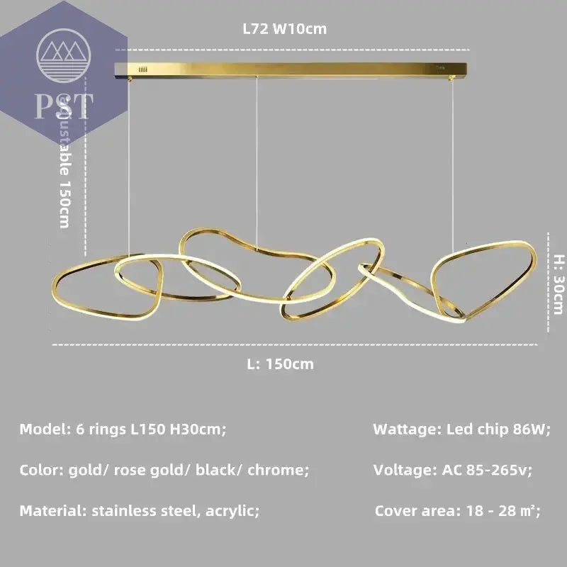 Luxuriöse Dimmbare Pendelleuchte Esstisch Leuchter Wohnzimmer Beleuchtung PST PS Tradings Pendelleuchte PST PS Tradings gold-in-stock-6-ring-L150cm-86W-warm-light-3000K PST PS Tradings