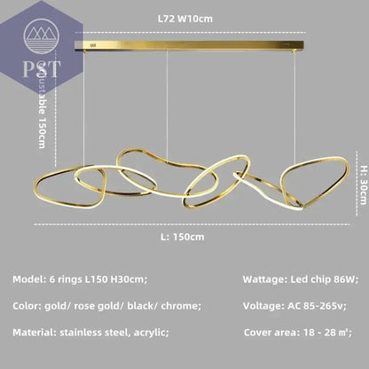 Luxuriöse Dimmbare Pendelleuchte Esstisch Leuchter Wohnzimmer Beleuchtung PST PS Tradings Pendelleuchte PST PS Tradings gold-in-stock-6-ring-L150cm-86W-warm-light-3000K PST PS Tradings