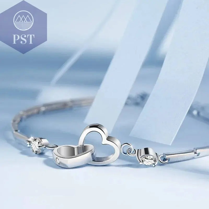 New Charms 925 Sterling Silver Bracelets Bangles for Women Valentine's Days Gift Cubic Zircon Double Heart Bracelet Jewelry - Property & Safety Tradings