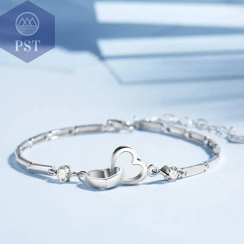 New Charms 925 Sterling Silver Bracelets Bangles for Women Valentine's Days Gift Cubic Zircon Double Heart Bracelet Jewelry - Property & Safety Tradings