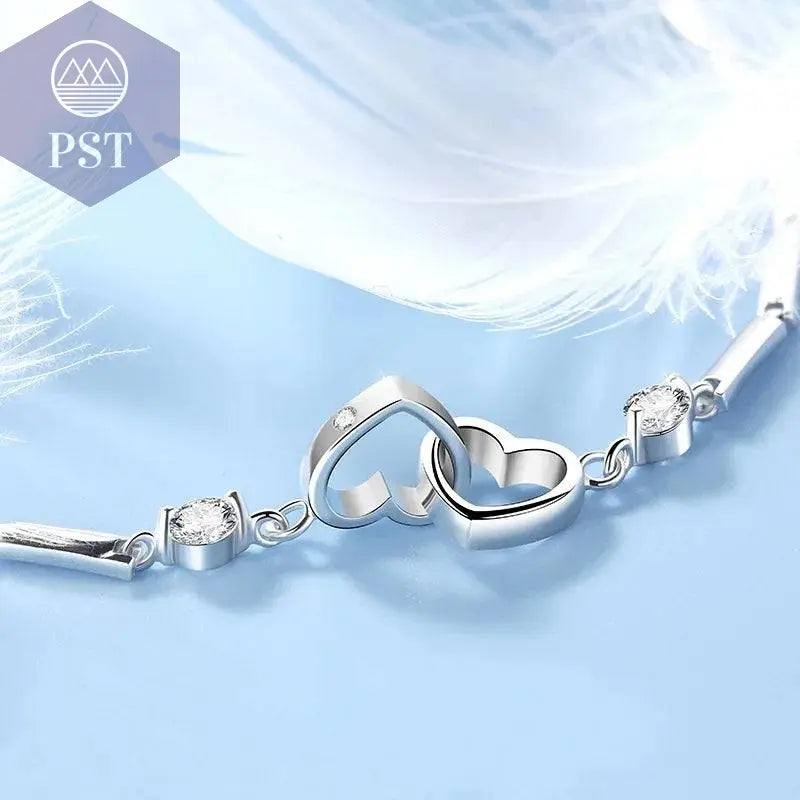 New Charms 925 Sterling Silver Bracelets Bangles for Women Valentine's Days Gift Cubic Zircon Double Heart Bracelet Jewelry - Property & Safety Tradings
