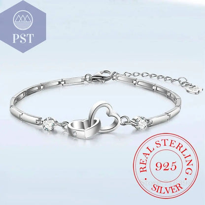 New Charms 925 Sterling Silver Bracelets Bangles for Women Valentine's Days Gift Cubic Zircon Double Heart Bracelet Jewelry - Property & Safety Tradings