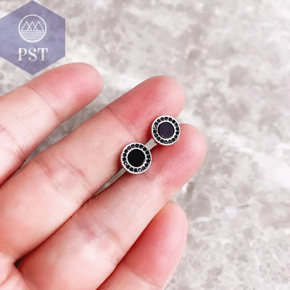 Round Black Small Stud Earrings Europe Style Fine Good Jewerly For Women Brand New Gift In Real 925 Sterling Silver - PST PS Tradings