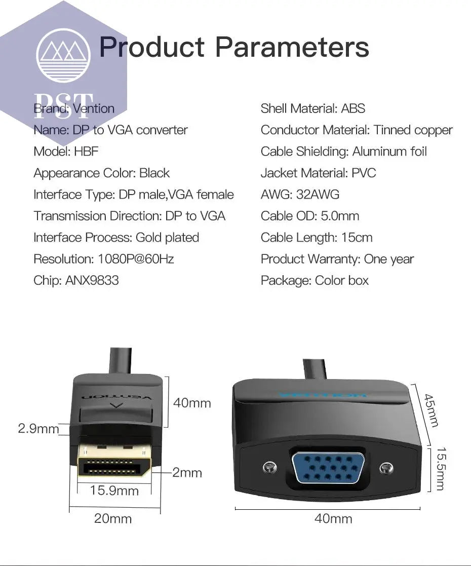 Vention Displayport to VGA Adapter 1080P Display Port Male to VGA Female Audio Converter for Projector HDTV DVDMonitor DP to VGA - Property & Safety Tradings